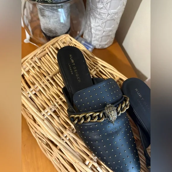 Kurt Geiger Black Leather Studded Slip-On Mule with Gold Chain - Picture 4 of 7